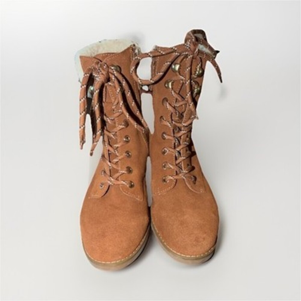 violet & red Brown Suede Faux Fur Lined Lace-Up Mid-Calf Combat Boots Women's